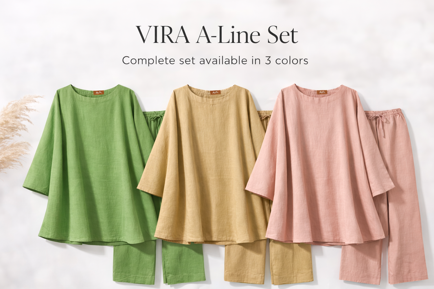 Women’s modest blouses displayed in blue, pink, and mustard colors on a neutral background.